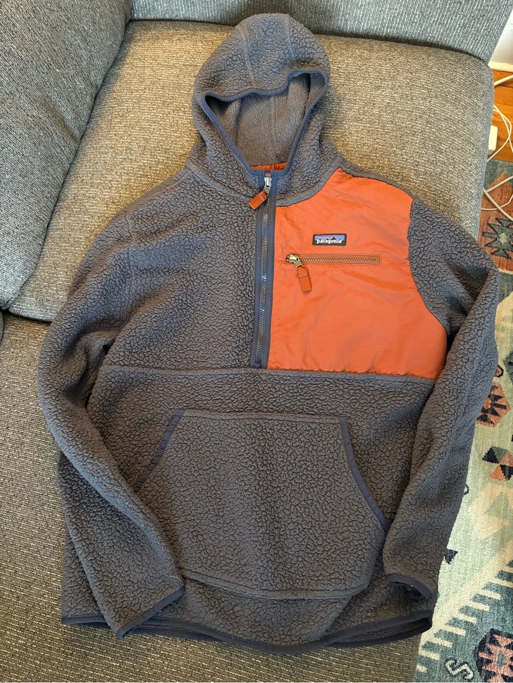 Patagonia Men’s Hooded Sherpa Fleece – Blue Gray with Orange Chest Panel
